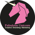 Favbulous Unicorn logo- Pink Unicorn with the title Fabulous unicorn and sub title Creative, branding, marketingb